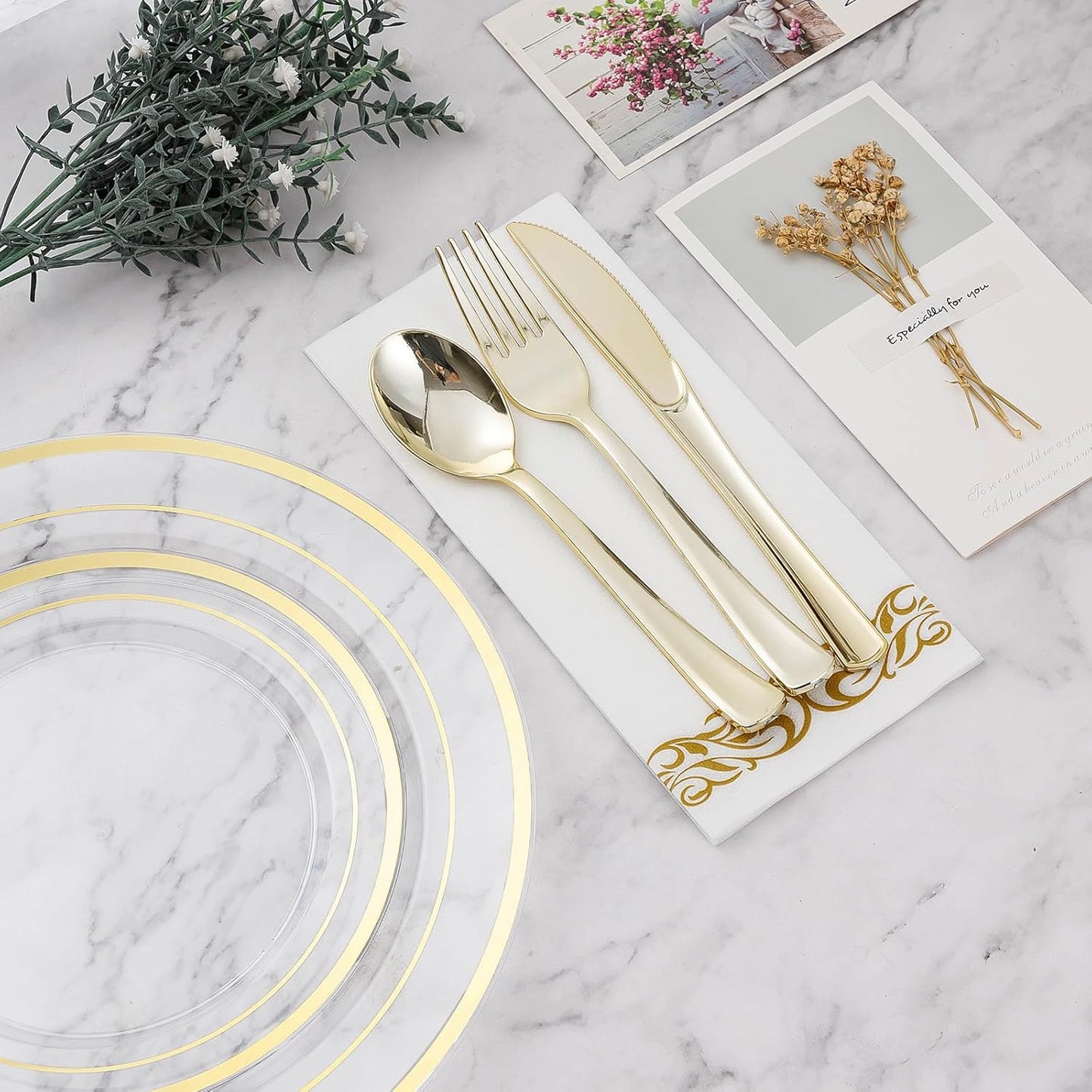 BESTVIP 350PCS Clear Gold Disposable Dinnerware Set for 50 Guests, Plastic Plates for Party, Wedding, Christmas, Halloween, Include: 100 Plastic Plates, 50 Gold Silverware, 50 Cups, 50 Napkins
