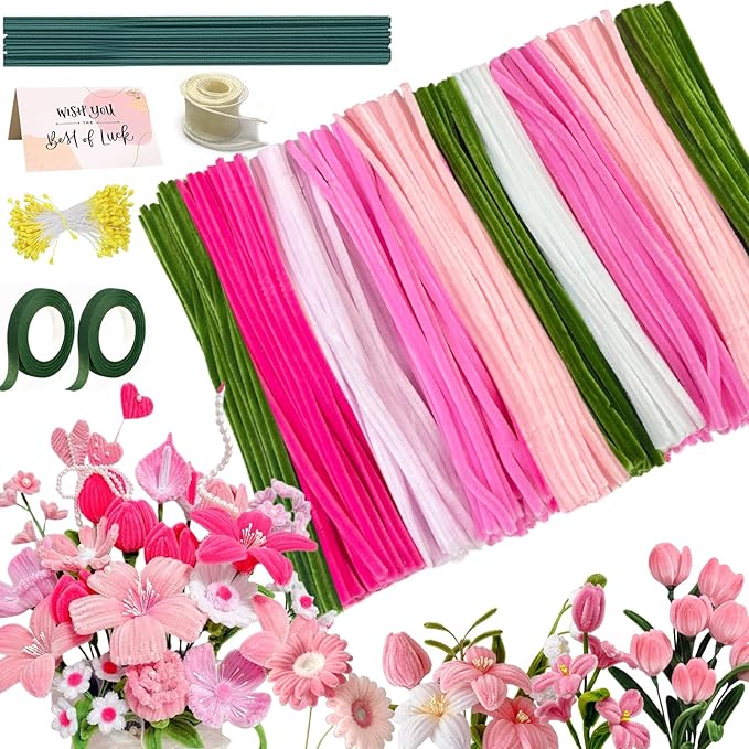 AHAMETON 620-Piece Pink Pipe Cleaner Craft Kit - 6 Pastel Shades Chenille Stems with Floral Wire for DIY Wedding Bouquets, Mother’s Day Gifts & Party Decorations