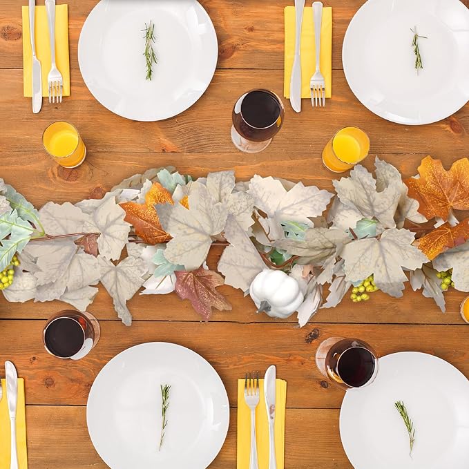 Fall Garland with Pumpkins and Berries – 6ft Artificial Maple Leaf Garland with Cream and Orange Leaves for Thanksgiving, Fireplace, Front Door, Farmhouse Autumn Decorations