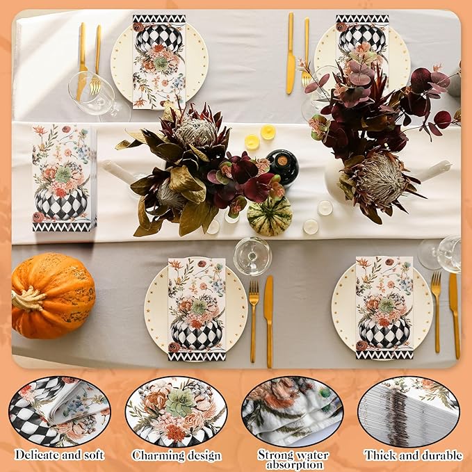 Karenhi 200 Pcs Fall Paper Napkins Black and White Pumpkin Disposable Hand Towels for Bathroom 2 Ply Floral Guest Napkins Thanksgiving Decorative Napkins Halloween Paper Napkin for Autumn Baby Shower