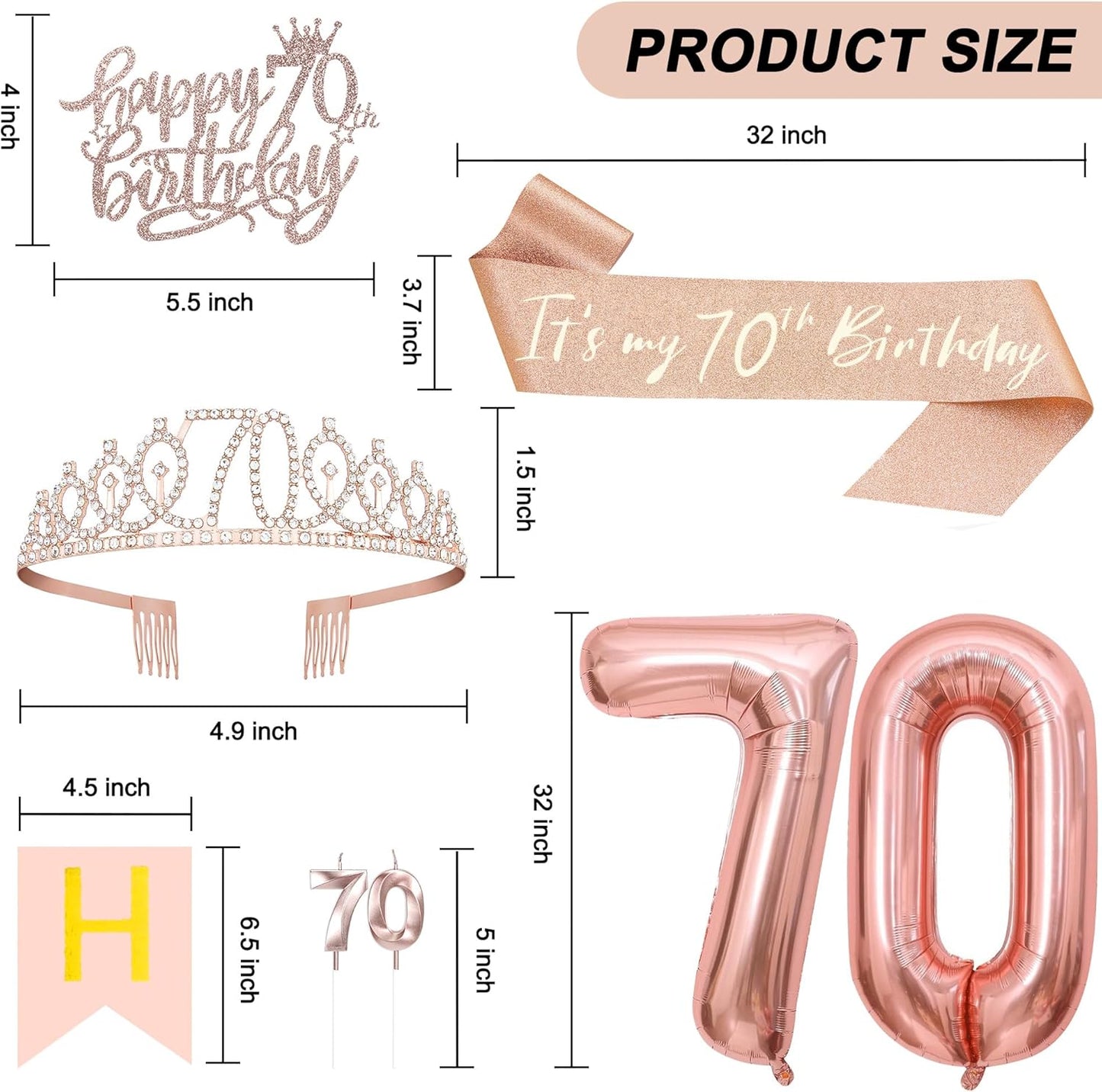 70th Birthday Decorations for Women, Including 70th Tiara and Sash, Happy Birthday Banner, Cake Toppers, Number Candles and Balloons Set, Rose Gold