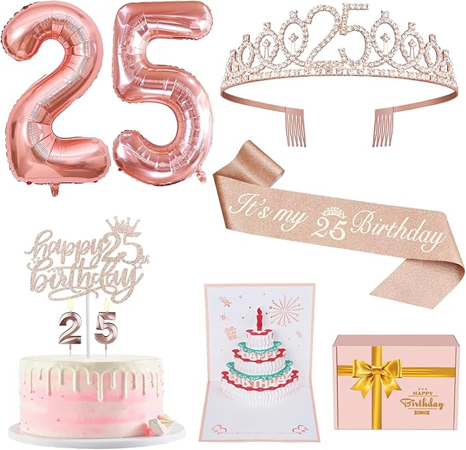 25th Birthday Decorations for Women Include 25th Birthday Sash and Tiara, Cake Topper and Candles, Number Balloons, Greeting Card, 25 Year Old Gifts for Women