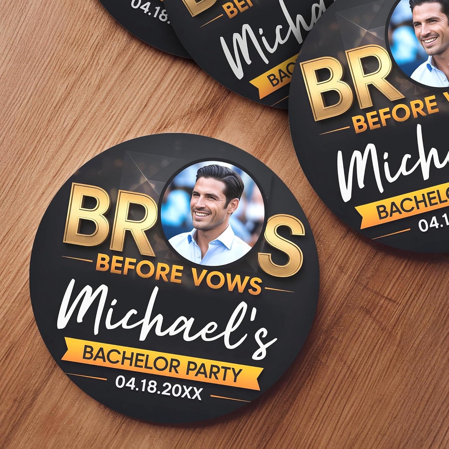 60 Pack Personalized Bachelor Party Coasters, Custom Cardboard Drink Coasters with Photo Print and Text, Fun Bachelor Party Favors and Gifts, 3.95" Round, Design 1