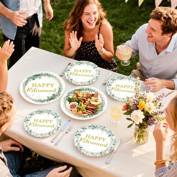 Grencian 200Pcs Sage Green Retirement Party Decorations Greenery Happy Retirement Plates and Napkins Gold Green Retire Tableware Set for Women Men Teachers Goodbye Going Away Party Supplies Serves 50