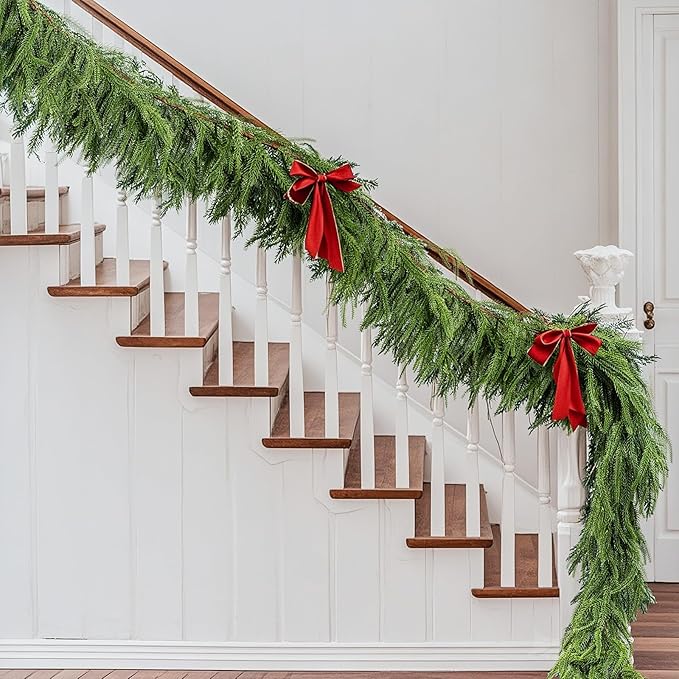 Norfolk Pine & Cedar Garland Set - 4x 6FT Realistic Artificial Cedar Garland Christmas Greenery for Mantle, Staircase, Indoor/Outdoor Holiday Decor Lush Evergreen