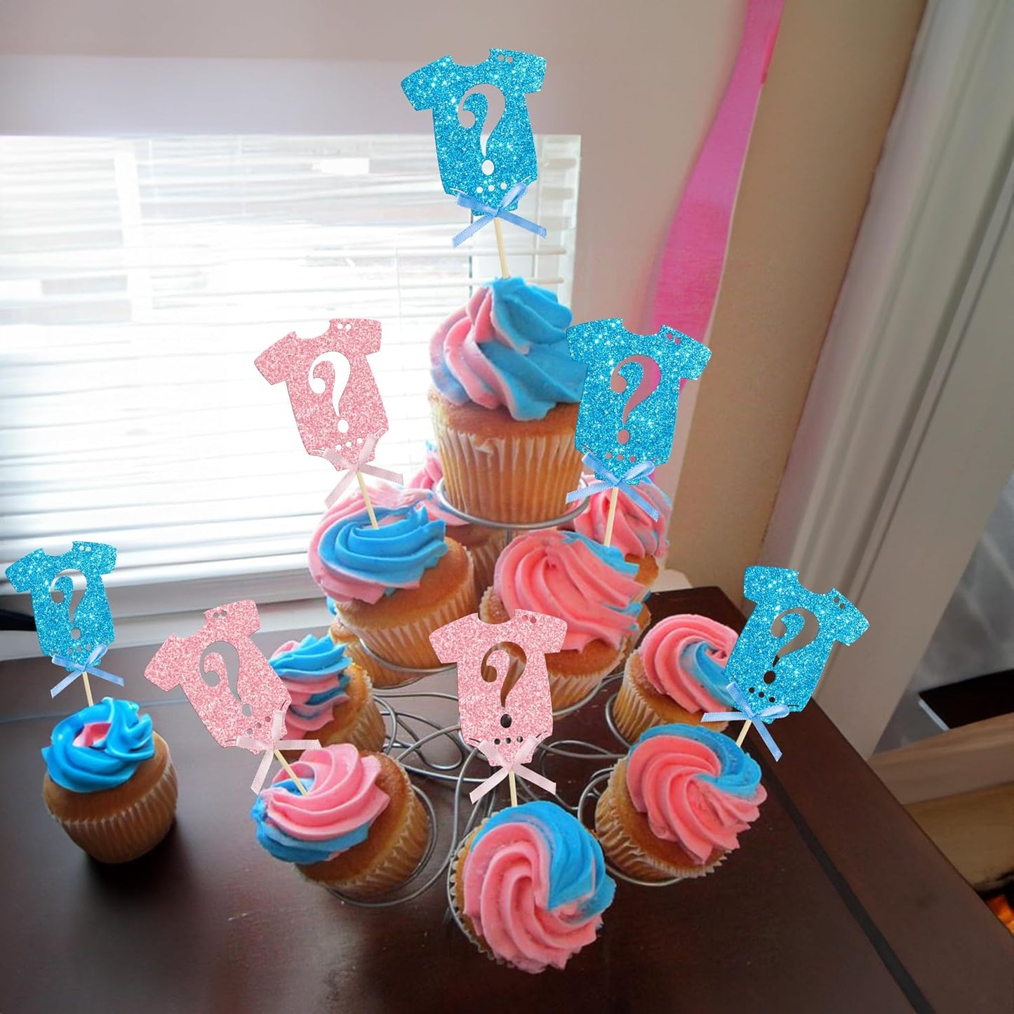 Ephlyn 24Pcs Gender Reveal Cupcake Toppers Glitter Pink Blue Bow Onesie Question Mark Boy or Girl Cake Topper Decorations for Baby Shower Theme Gender Reveal Kids Birthday Party Supplies Blue Pink