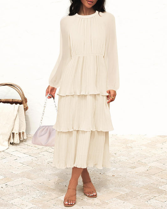 ZESICA Women's 2025 Long Sleeve Crew Neck Ruffle Tiered Layered Chiffon Flowy Swing Long Midi Dress