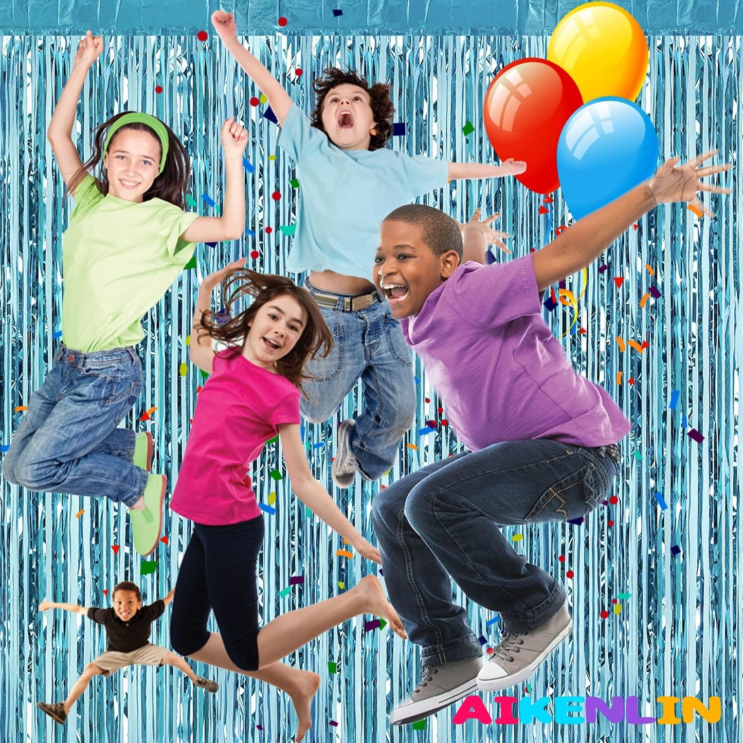 4 Pack 3.3Ft x 6.6Ft Light Blue Foil Fringe Curtain Backdrop, Metallic Tinsel Foil Fringe Streamers Curtains Background for Photo Booth, Birthday, Wedding, Halloween, Christmas Party Decoration