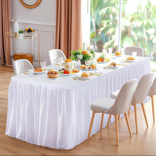 White Table Clothes for Rectangle Tables 6ft, Wrinkle Resistant Fitted Table Cloth with Pleated Ruffle Skirts for Banquet Wedding Baby Shower Folding Table