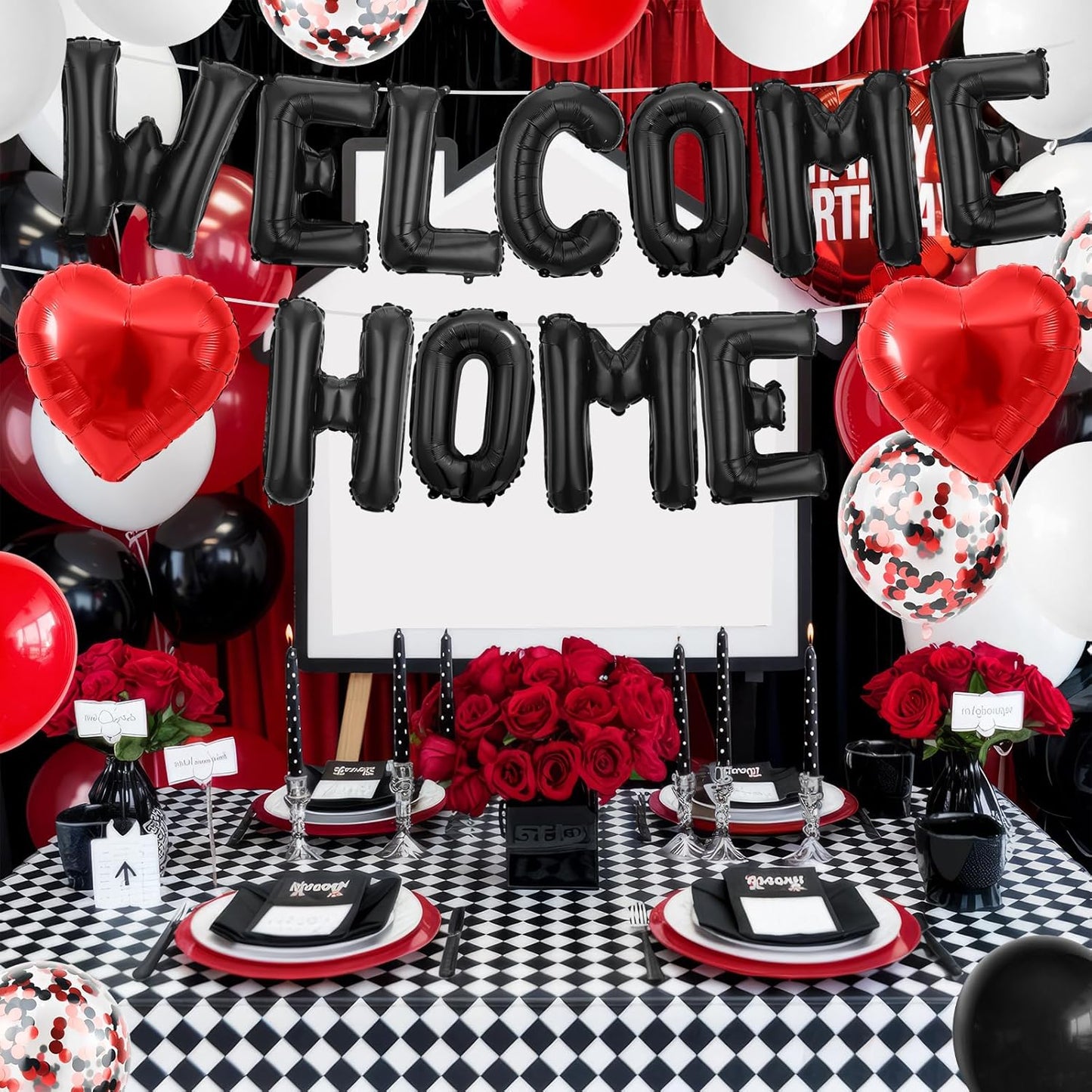 Welcome Home Decorations Black Red,Welcome Home Foil Balloon Banner with Confetti Balloons,Red Heart Balloons for Housewarming Baby Shower Home Family Party Supplies