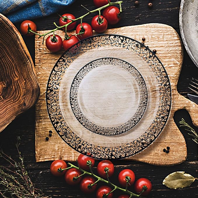 U-QE 100pcs Clear and Black Plastic Plates - Black Plates Disposable for Party - Disposable Plates for Premium Party Supplies Including 50 Dinner Plate 10.25 '' &50 Dessert 7.5 '' Plate