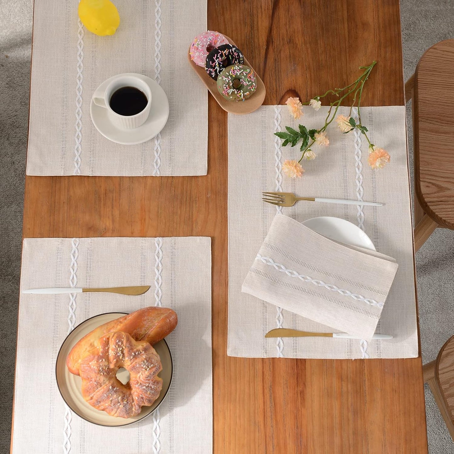 Wracra Cotton Linen Placemats, 14 x 19 Inch Set of 8 Placemats Rustic Hemstitch Place Mats for Kitchen Table and Heat Resistant-Hemstitch Ivory