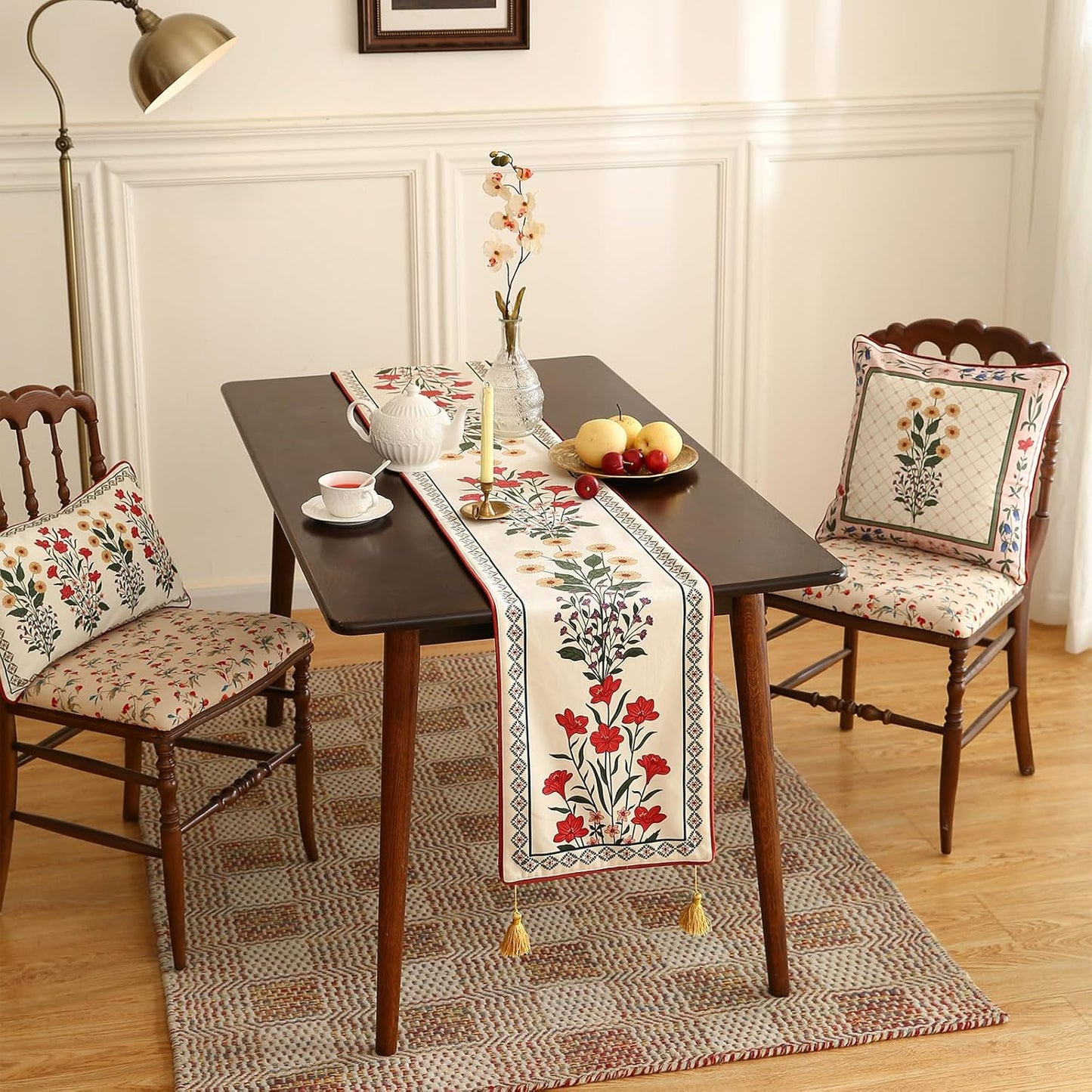 ISAENNE Designer Velvet Colorful Extra Long Table Runner 118 Inches,Farmhouse Rustic Floral Pattern Decor Table Runners for Dining Tables,Thanksgiving,Kitchen Tables,Christmas,12"*118"-Bertina D