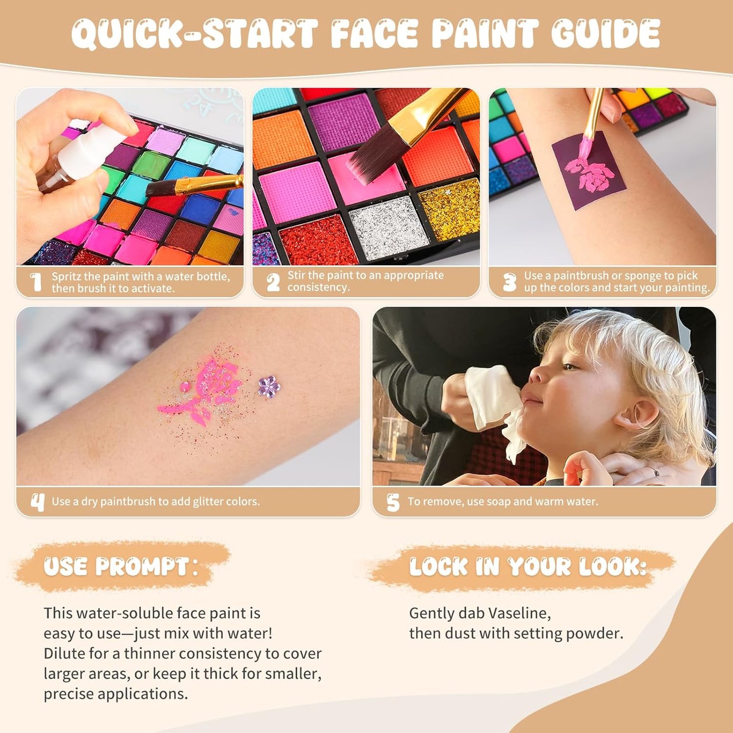 Pintada 54 Color Face Painting Kit for Kids - Non Toxic Water Activated Face Paint Palette with Stencils, Brushes, Gems & Book. For Halloween, Carnival, Party; Costume Makeup for Creative Activities