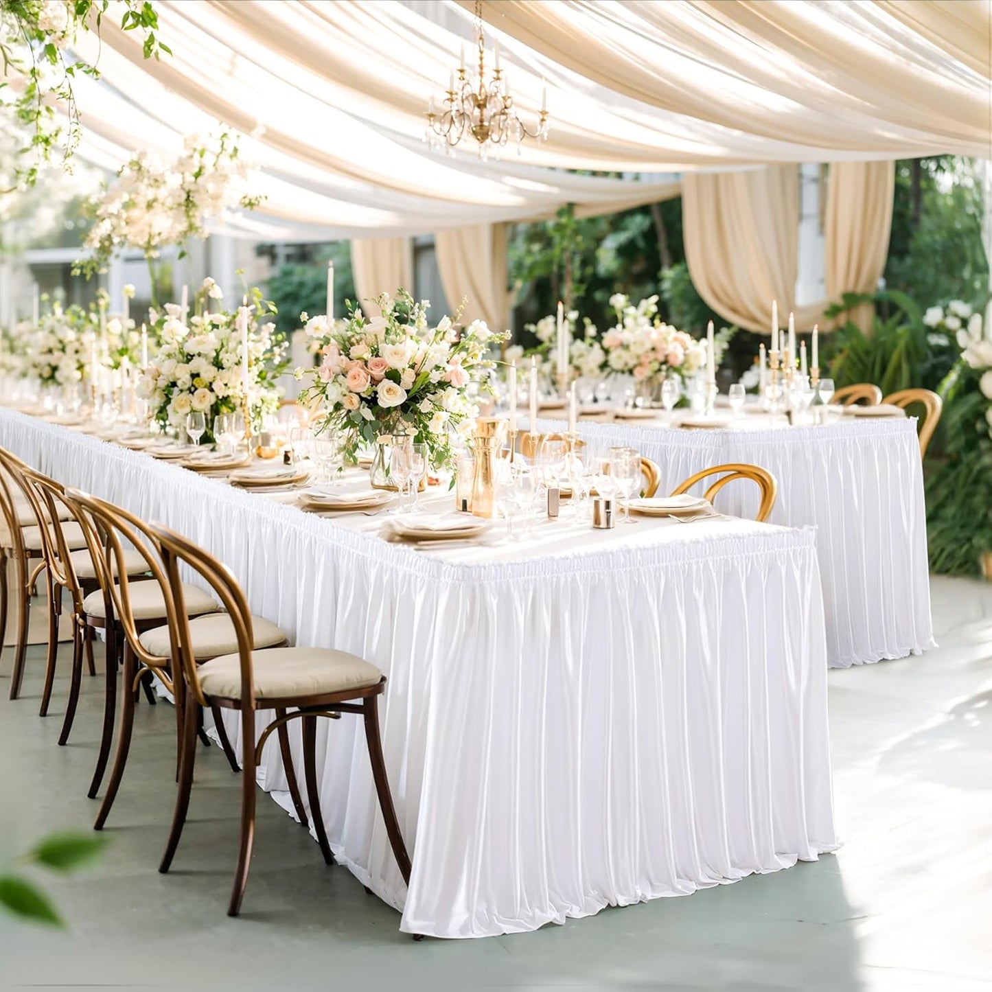 Wish Care 17ft White SatinTable Skirt for Rectangle Tables Wrinkle Free Glitter Long Desk Skirts Pleated Ruffle Table Cloth for Wedding Birthday Baby Shower Party Banquet Buffet Cake Table Decoration