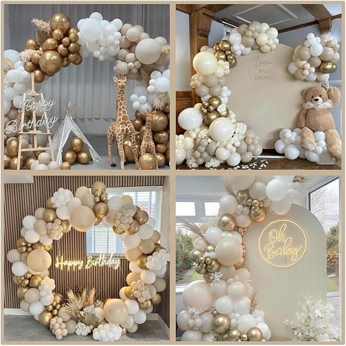 412pcs Sand White Gold Balloon Arch Kit, 18 12 10 5 Inch Different Size White Metallic Gold Latex Balloon for Boho Neutral Baby Shower Wedding Bridal Shower Birthday Decorations