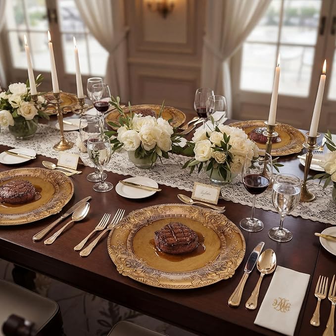 Mifoci Antique Gold Charger Plates Set of 6 Plastic Gold Chargers for Dinner Plates Decorative 13" Round Plate Bulk with Embossed Rim for Dinner, Party, Wedding