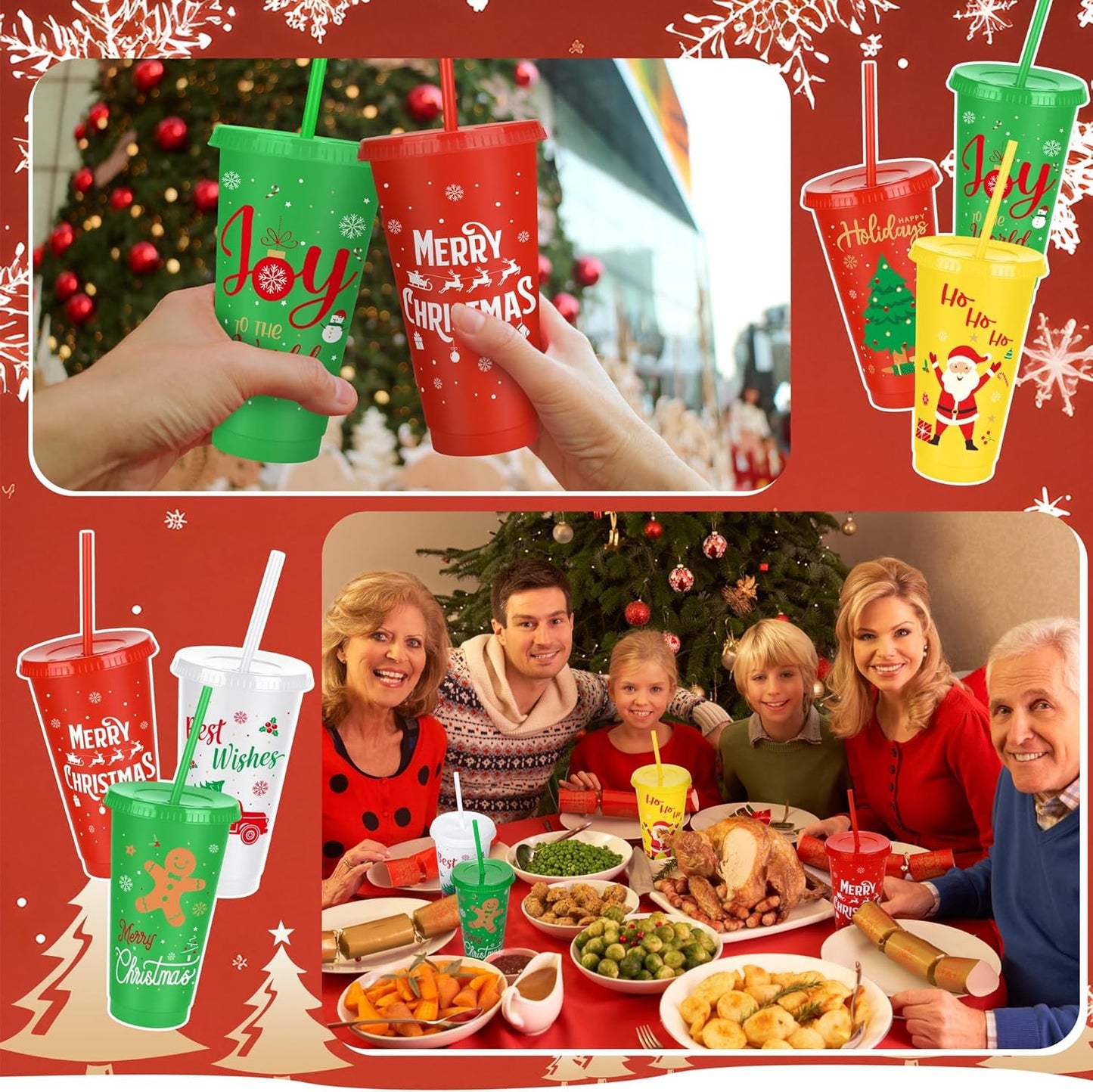 12 Pieces Christmas Plastic Cups 24oz Reusable Plastic Tumbler with Lids and Straws Bulk Christmas Holiday Drinking Cups for Xmas Party Supplies, 6 Designs