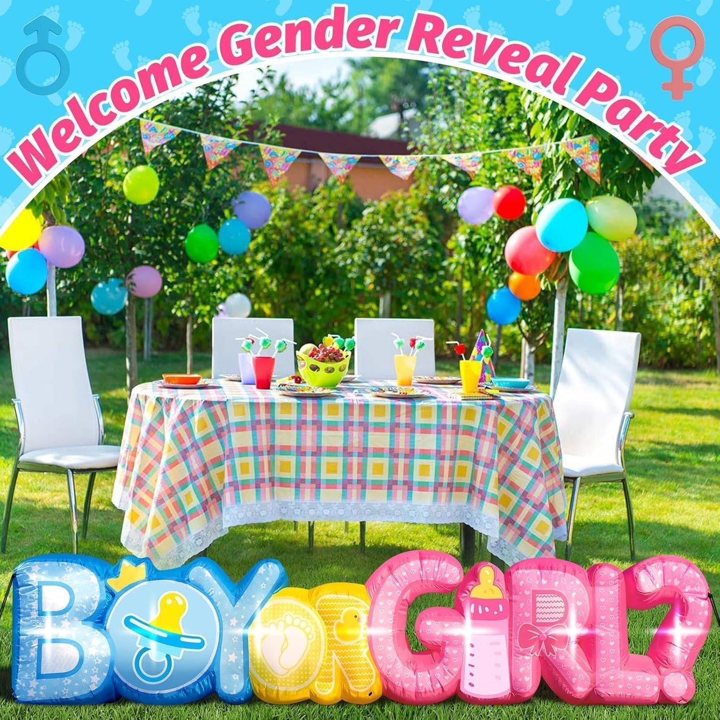11FT Length Baby Gender Reveal Inflatable Decorations Boy or Girl Yard Signs with 7 LED Lights Pink Baby Shower Centerpieces Birthday Party Supplies