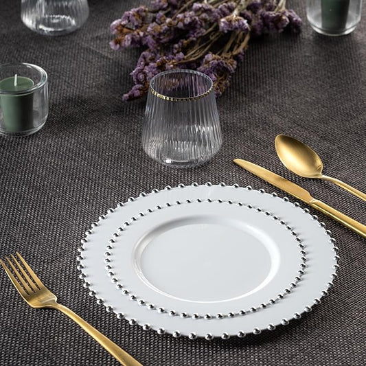 PLASTICPRO 64 Piece Combo Plastic Dinner Plates Disposable Plastic Fancy Heavy Duty Party Dishes 7 inch and 10 inch, White and Silver Beaded