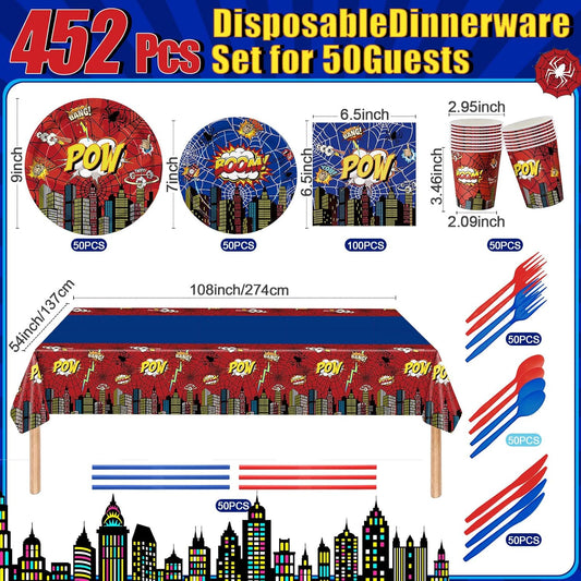 452 Pcs Spider Themed Birthday Party Supplies for 50 Guests, Hero Theme Paper Plates Napkins Cups Tablecloth Cutlery Straws Tableware for Red Blue Halloween Birthday Party Decorations