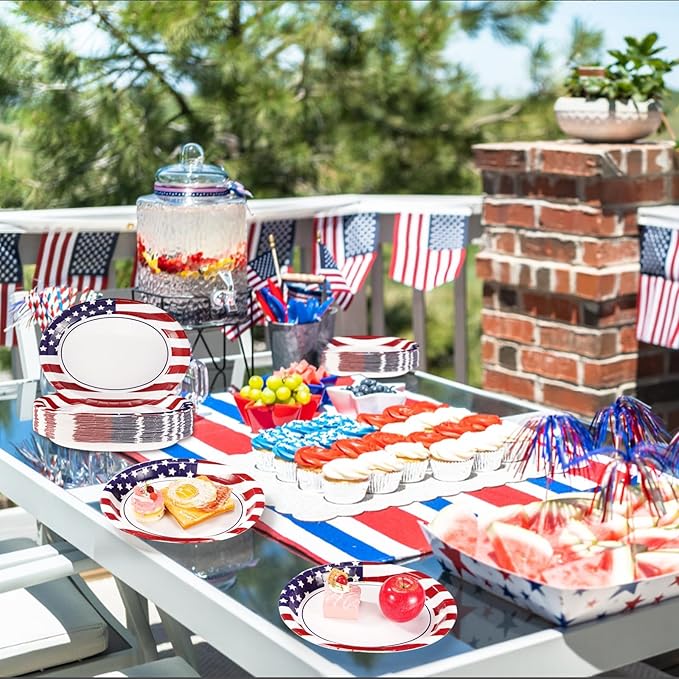 50Pcs Patriotic Oval Paper Plates 10" X 12" Large Heavy Duty American Flag Red Blue and White Plates 4th/Fourth of July Dessert Platters for President Election Memorial Independence Day Supplies