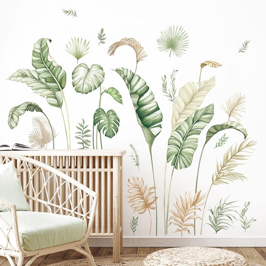 Boho Palm Leaves Wall Decals Green Tropical Plants Wall Stickers Monstera Leaf Art Wall Decor for Bedroom Living Room Kitchen Sofa TV Backdrop