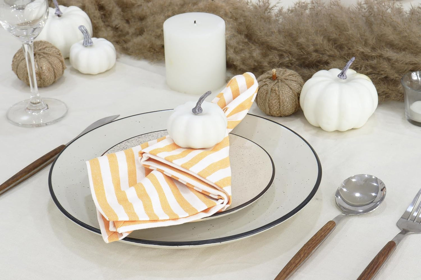 PurpleEssences Plain Striped Cloth Napkins - Set of 12-100% Cotton - 18 x 18 Inch - Fall Thanksgiving - Perfect Everyday Use Dinner Napkin - Golden Yellow White