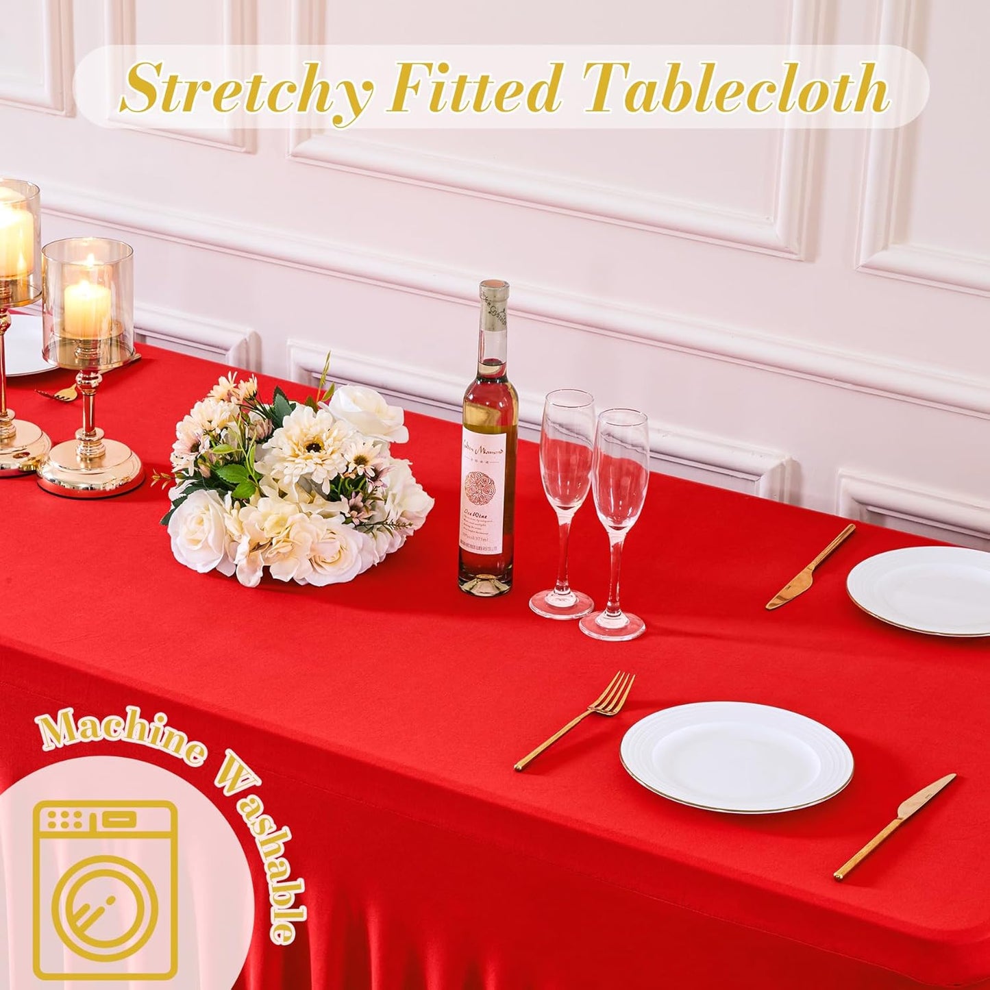 4 Pack Spandex Red Fitted Table Cloth for 6ft Rectangle Tables Red Stretch Tablecloth Table Covers Banquet Table Clothes Wrinkle Free Table Skirt for Parties Wedding