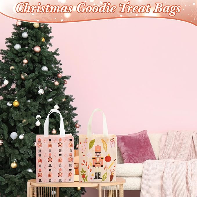 Wovnet 30 Pcs Christmas Bags Bulk Pink Nutcracker Merchandise Gift Bags with Handles Reusable Non Woven Tote Shopping Goodie Pouch for Xmas Party Favors 10 x 8 x 4in
