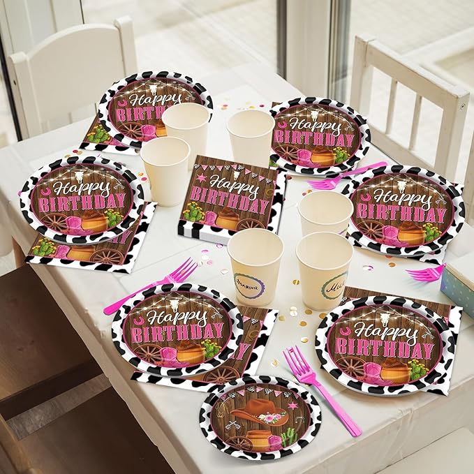 96 Pcs Cowgirl Decorations Party Supplies Western Theme Paper Plates Cow Print Party Plates Western Disposable Plates and Napkins Girl Rodeo Pink Birthday Wild West Tableware Decor for Kids Serves 24