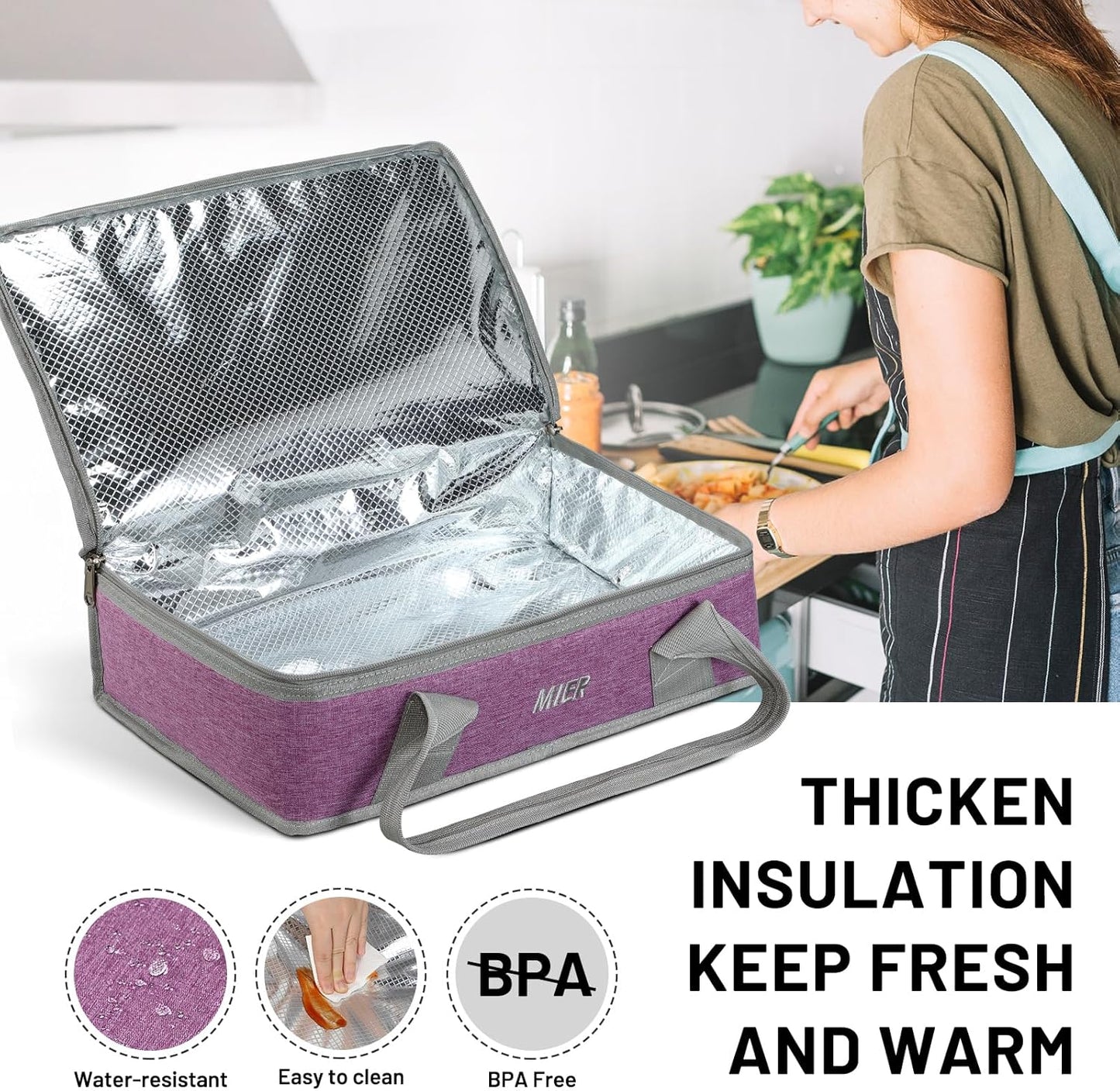 MIER Insulated Casserole Carrier for Hot or Cold Food Thermal Food Carrier Bag for Lasagna Potluck Parties Picnic Cookouts, Fits 9"x13" Baking Dish/Foil Pan, Purple