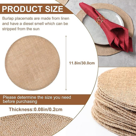 Yunlly Set of 48 Round Burlap Placemats Bulk Burlap Farmhouse Placemats Set Heat Resistant Table Mats Circle Jute Charger Place Mats for Wedding Holiday Dinner Rustic Table Decorations(11.8 in,Brown)