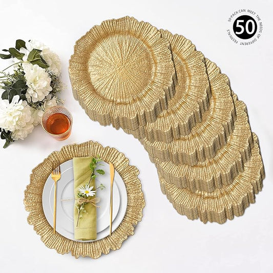 MAONAME 13" Gold Charger Plates Set of 50, Reef Plate Charger Bulk, Round Chargers for Dinner Plates, Plastic Table Chargers for Wedding Decor
