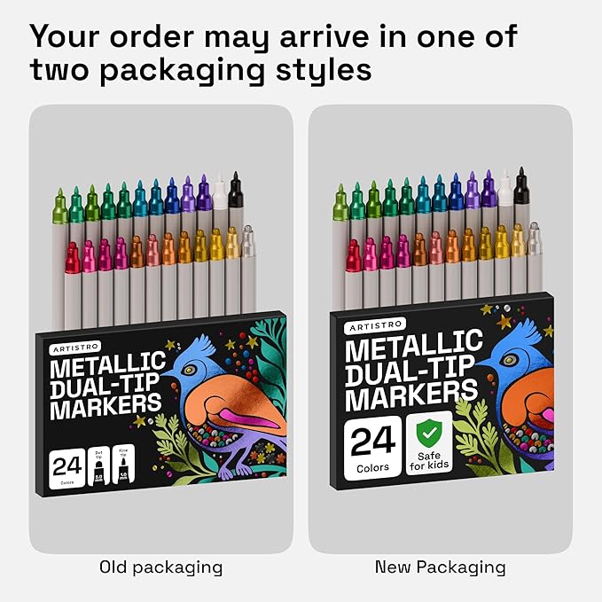 ARTISTRO 24 Metallic Acrylic Paint Markers for Rock, Fabric, Wood, Glass, Decoration - Dual-Tip Paint Pens for Coloring Books for Adults, Teens, Kids - Art and Craft Supplies Kit - Gift Idea