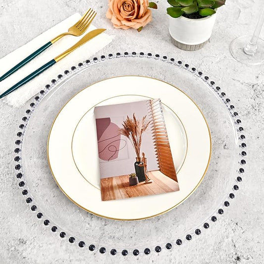 24 PCS Clear Round Charger Plates with Beaded Rim, 13 Inch Plastic Acrylic Plate, Plastic Round Beaded Dinner Decorative Service Plates for Wedding Party Event, Home Kitchen Tabletop(Black)