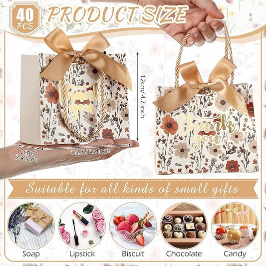 Moinchore 40 Pack Wildflower Thank You Gift Bags with Handles Small Thank You Party Favor Bags with Bow Wedding Welcome Tote for wedding Holiday Bridal Shower Party(Vintage Champagne Flowers)