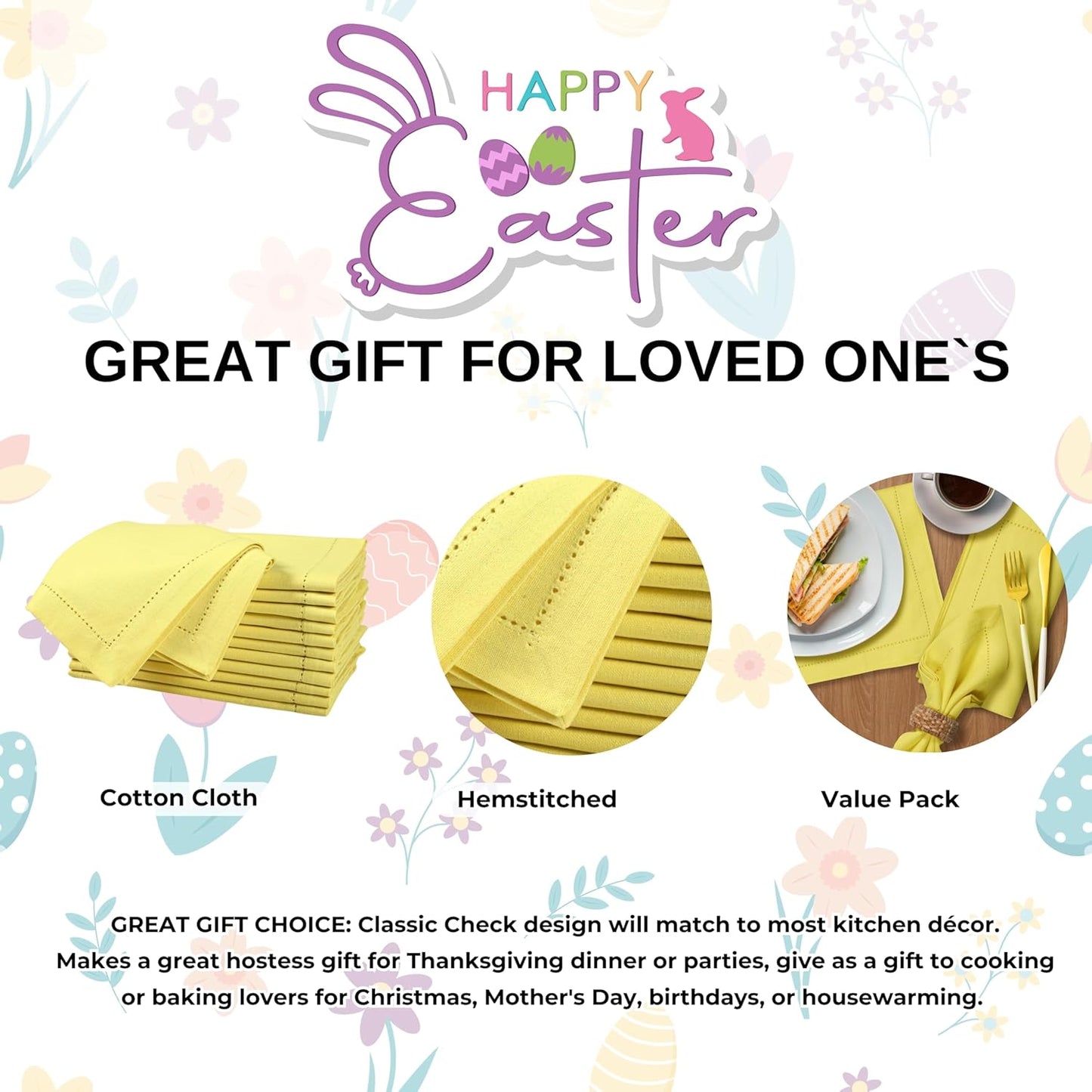 Homidate Hemstitched Cotton Cloth Dinner Napkins Set of 12 – 18x18 Golden Kiwi – Reusable Machine Washable Fabric Napkins for Weddings, Thanksgiving, Christmas & Events