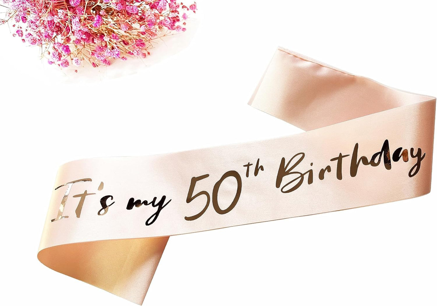50th Birthday Sash for Women, Rose Gold Satin Sash with Foil Letter It's My 50th Birthday Sash Decorations Gifts for Women Happy 50th Birthday Party Favor Supplies