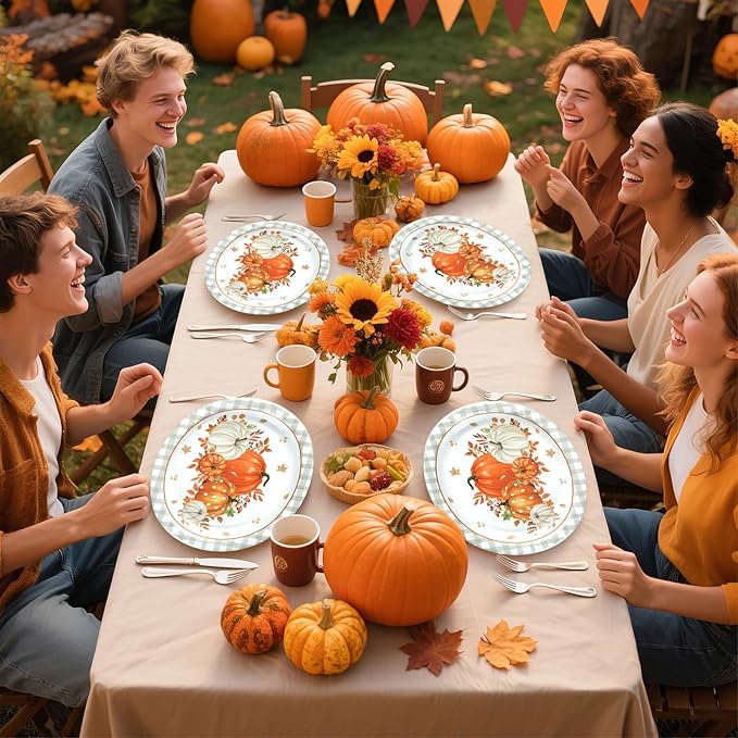 Grencian 50Pcs Fall Oval Paper Plates 10" x 12" Gray Plaid Orange Pumpkin Plate Disposable Fall Pumpkin White Plates Tableware Sets for Thanksgiving Autumn Holiday Dinner Party Supplies Decoration