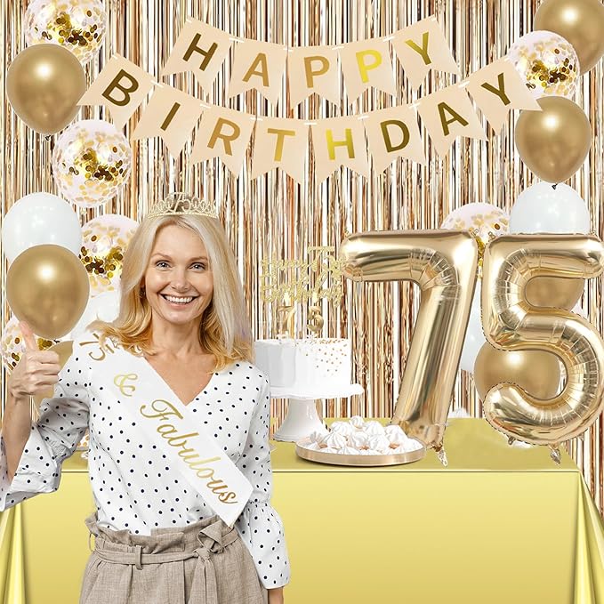 Trgowaul 75th Birthday Decorations for Women, Banner, Sash and Crown, Cake Topper, 75 Number Balloon, Fringe Curtains, Champagne Gold 75th Birthday Party Supplies