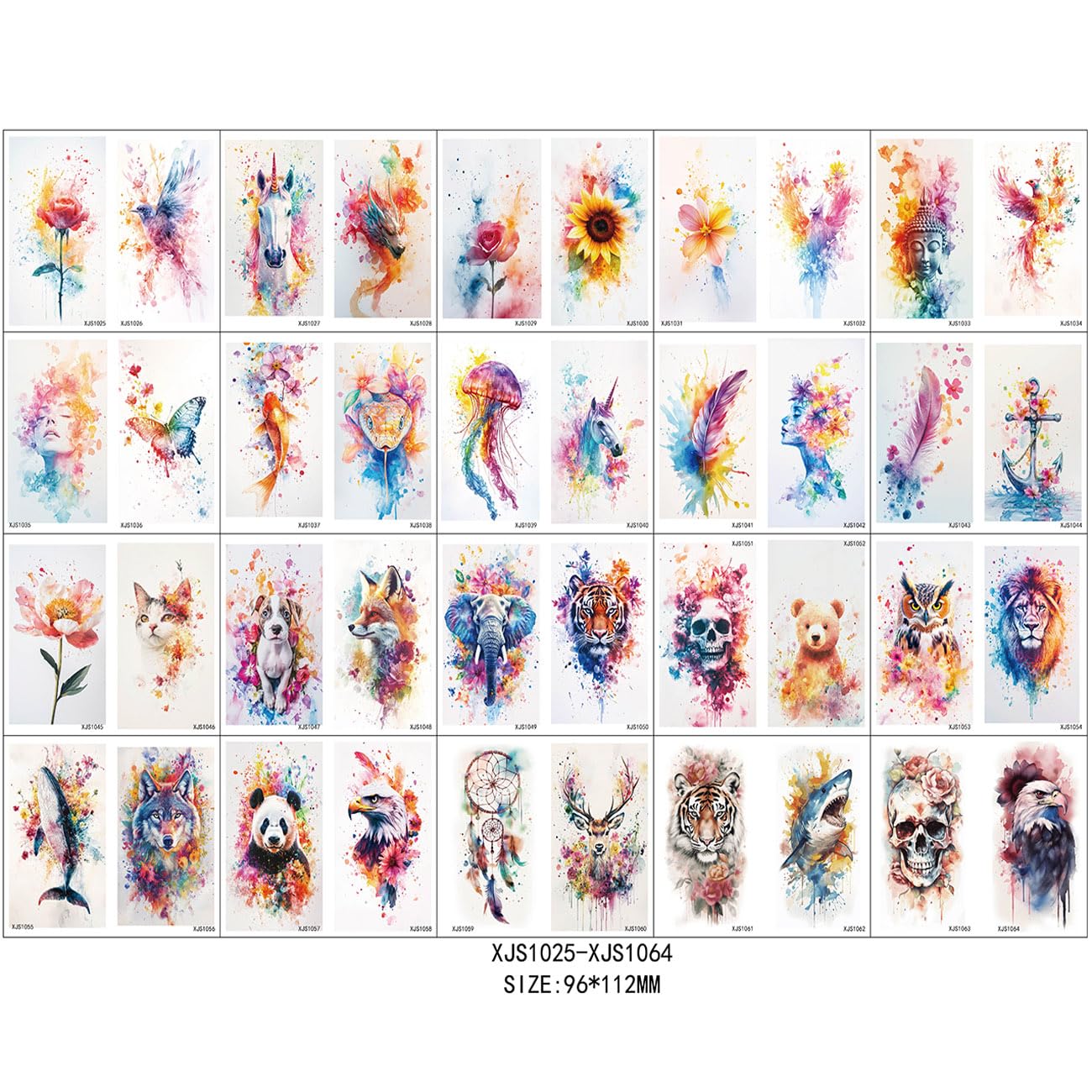 XMASIR 64 Sheets Temporary Tattoo Stickers, Large Arm Watercolor Fake Tattoos Waterproof Flower Animals Realistic 3D Roses Birds Floral Wolf Butterfly Body Art Stickers for Women and Man