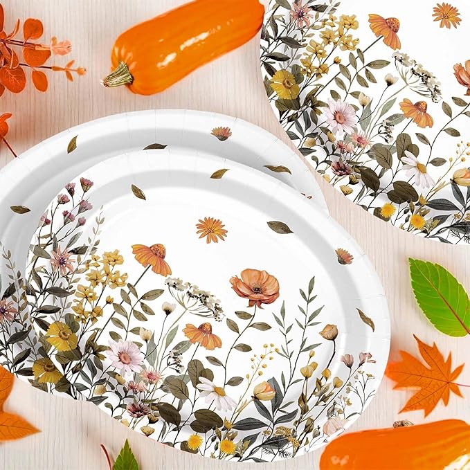 Grencian 50Pcs Spring Wildflower Oval Paper Plates 10" x 12" Large Disposable Watercolor Spring Floral Paper Plate Wildflower Birthday Decorations for Tea Lunch Dinner Birthday Party Supplies
