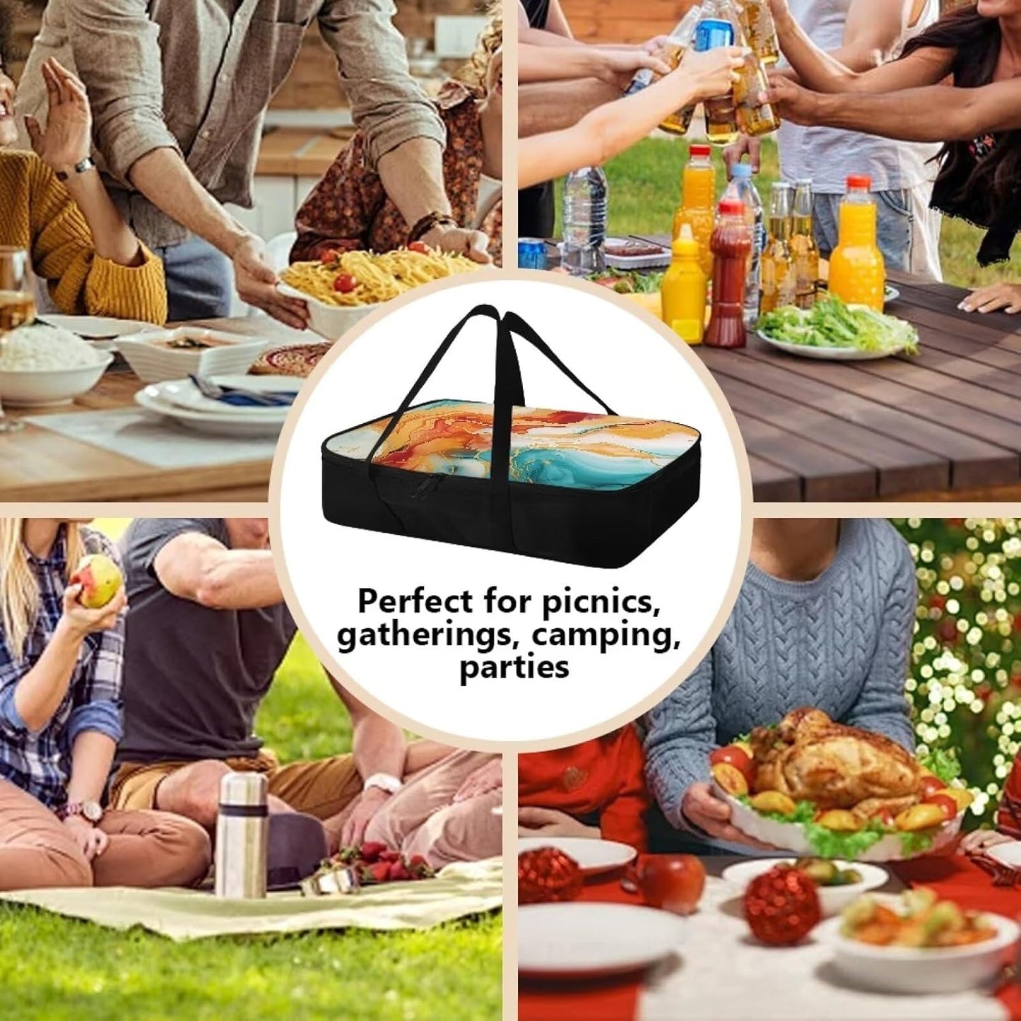 Orange Marble Print Insulated Casserole Carrier Thermal Bags Casserole Carriers for Hot or Cold Food with Heat Resistant Lining Zip Food Carriers for Parties Travel Potluck