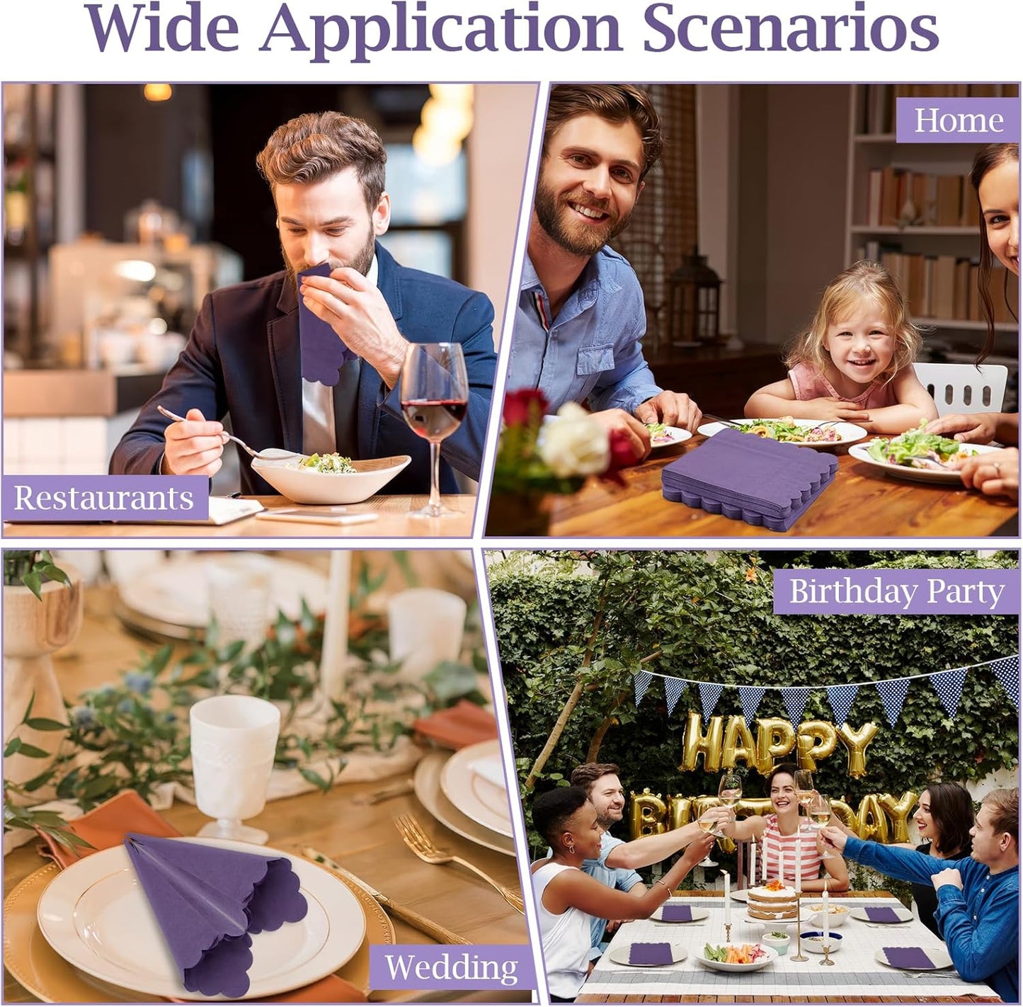 100 Pcs Cocktail Napkins, 2-Ply 5 x 5 Inches Disposable Scalloped Napkins, Thick Premium Dessert Napkins for Party, Wedding, Dinner, Birthday, Anniversary, Festival (Purple)