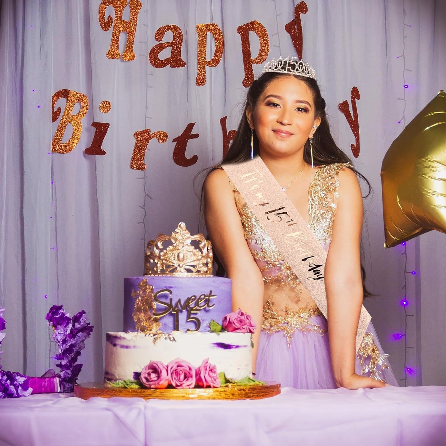 CIEHER 15th Birthday Crown + 15th Birthday Sash + Pearl Pin Set, 15th Birthday Gifts for Girls It's My 15th Birthday Decorations Women Happy 15th Birthday Party Supplies