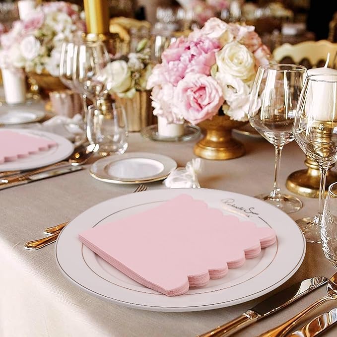 100 Pcs Pink Napkins Scalloped Edged Dessert Cocktail Napkins Folded 5 x 5 Inches Disposable Napkins for Dinner Wedding Birthday Party