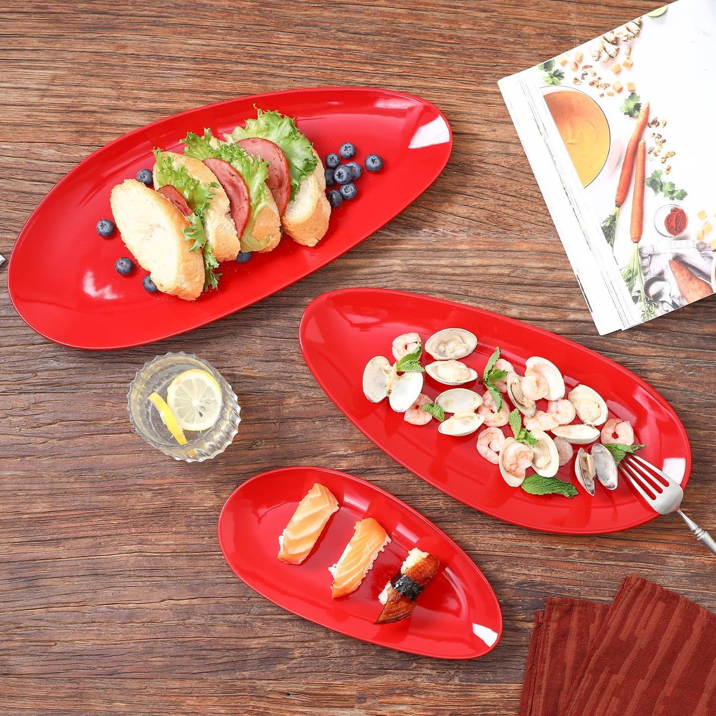 vicrays Large Oval Serving Platters, 16"/14"/10" Porcelain Serving Platters for Party, BBQ,Stackable Serving Trays Serving Plates for Appetizers, Sushi, Restaurant, Dessert, Set of 3 (Red)