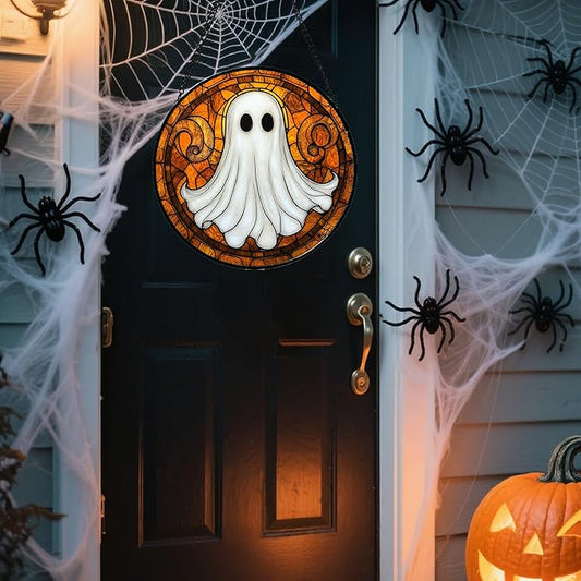 Stained Glass Window Hanging - Halloween Decoration Cute Ghost Suncatcher for Doors Garden Orange Black Spooky Sun Catchers Gothic Decor Horror Gifts for Women Men Friend Boy Girl 7.8 in