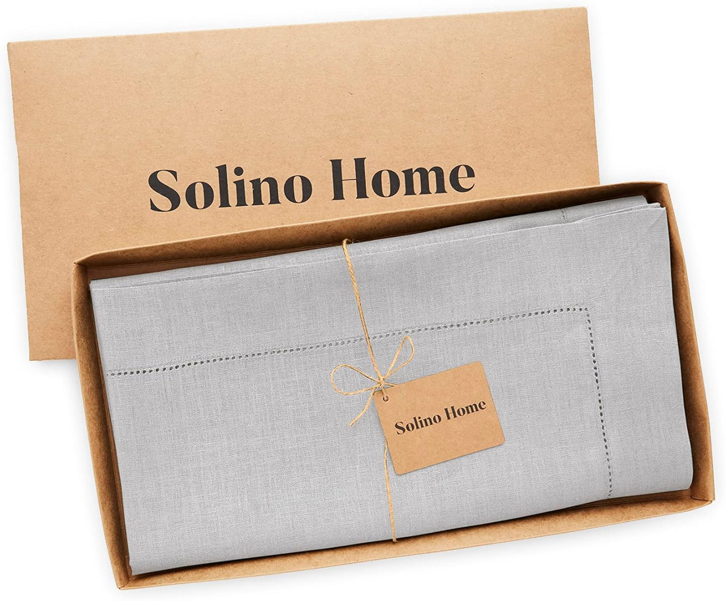 Solino Home Soft Grey Linen Tablecloth 52 x 52 Inch - 100% Pure Linen Square Table Throw - Classic Hemstitch, Machine Washable Table Cloth for Fall, Autumn, Thanksgiving, Christmas